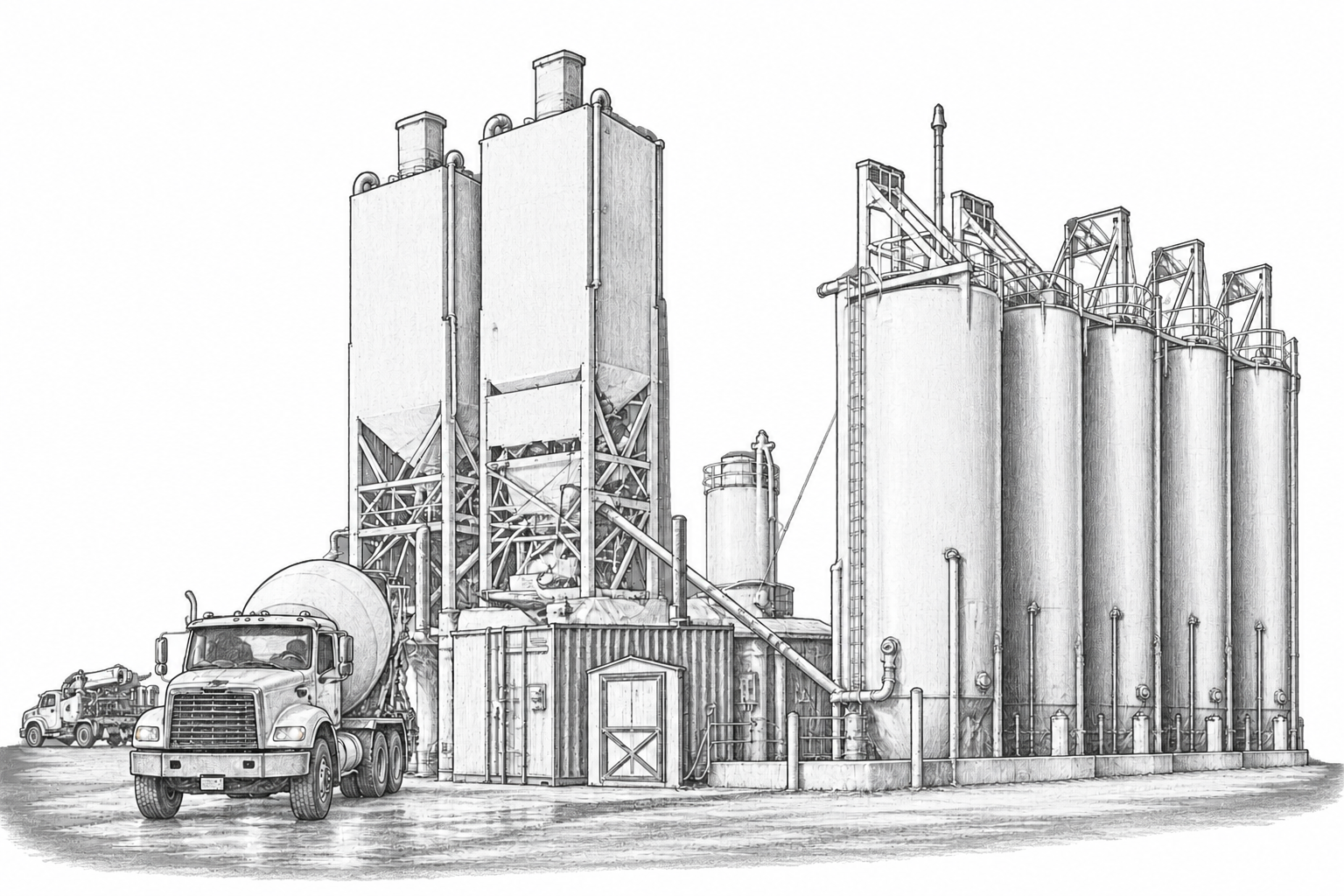 Technical sketch of a ready mix concrete plant